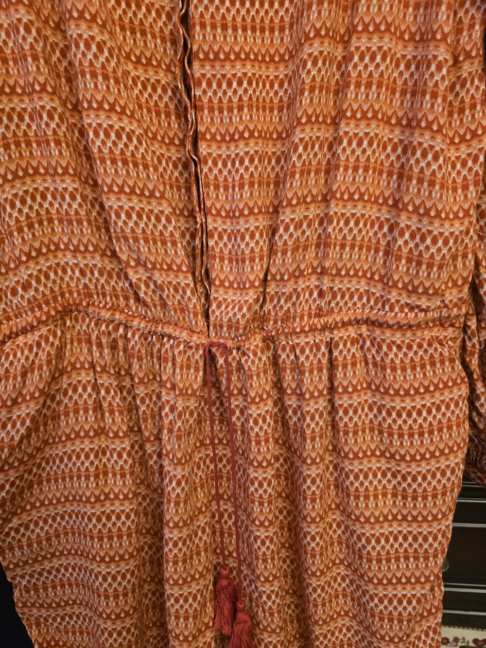 Hinge Romper Orange Geometric Print Long Sleeve V Neck Drawstring Waist Boho XL - Picture 3 of 6